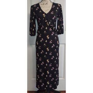 Velvet Torch Women's Black Floral V-Neck Tie-Back Ruffle‎ Detail Midi Dress XS